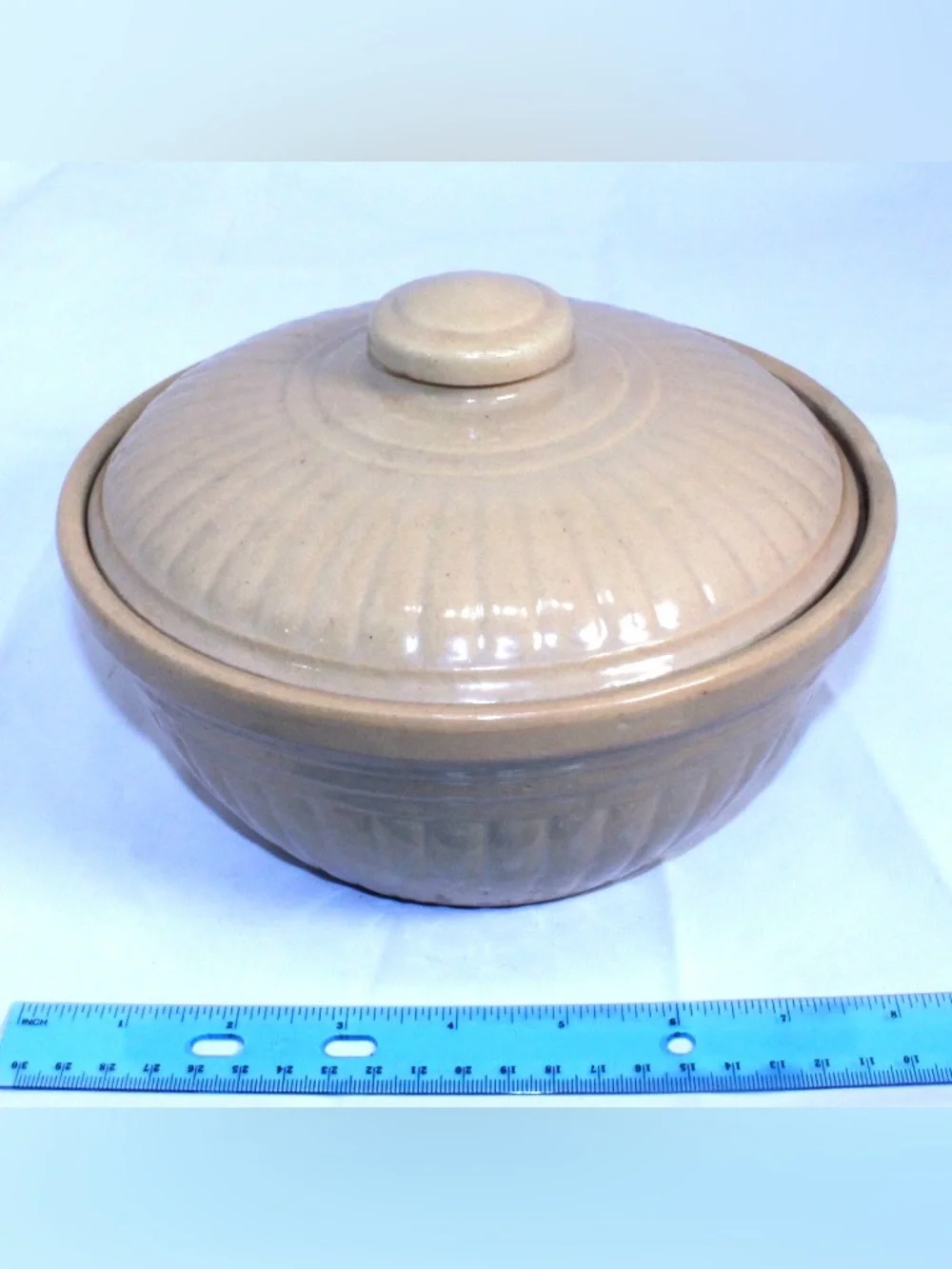 Vintage USA Ribbed Stoneware Covered Dish